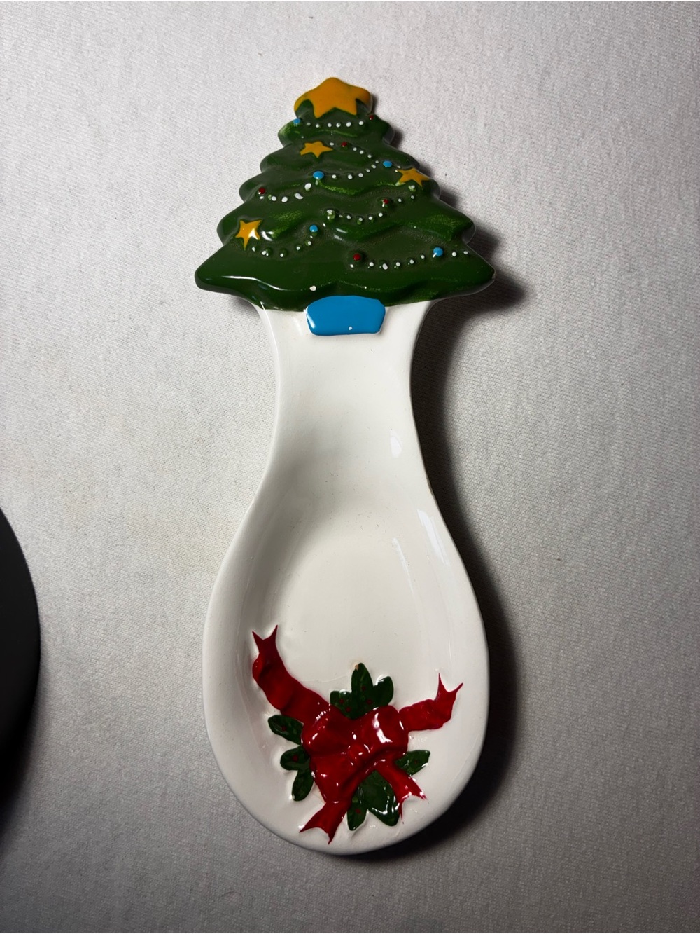 Vintage Ceramic Christmas Tree Spoon Rest w/ Poinsettia Holiday Kitchen Decor w